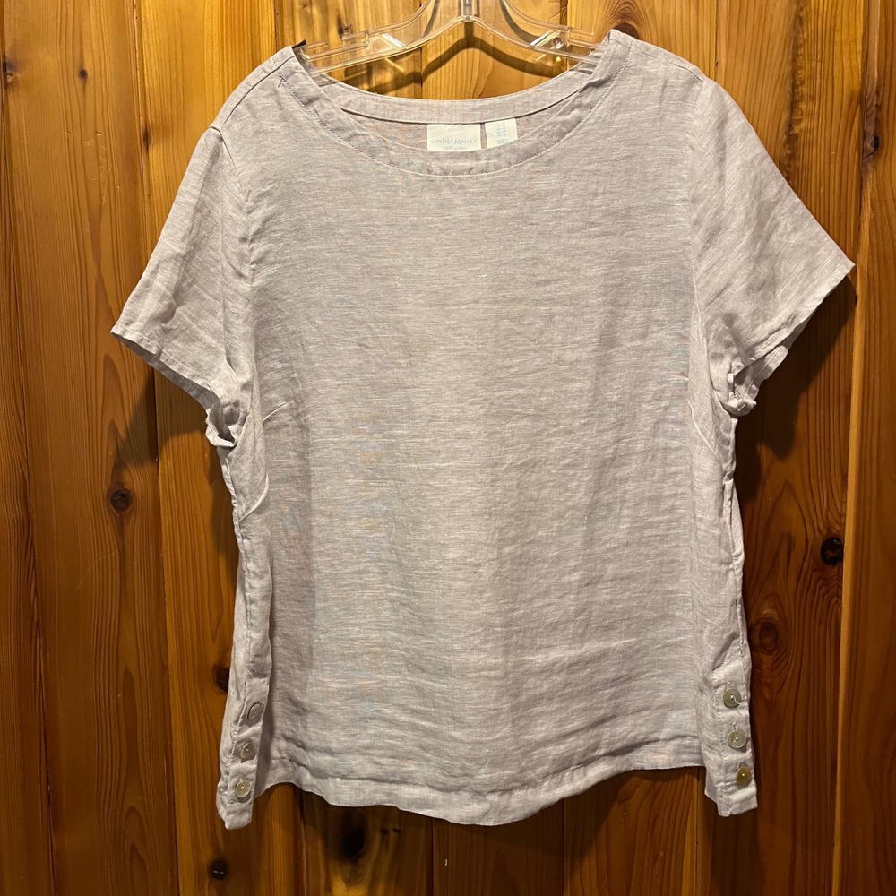 Cynthia Rowley Shirt 100% Linen Flax Top Light Gray Button Sides Plus Size 1X